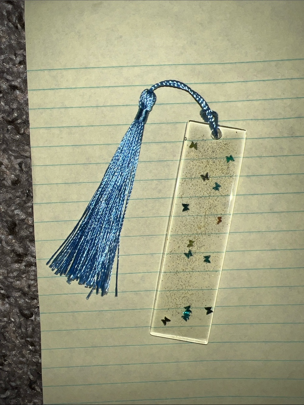 Clear Resin Bookmark with Butterflies and Blue Tassel